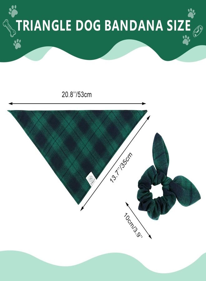 E-Clover Green Dog Bandanas & Matching Scrunchie Set Plaid Dog Bibs Scarf Boy Triangle Kerchief Bandana for Small Dogs Puppy Birthday Gifts Pet Owner Mom Spring - Image 4
