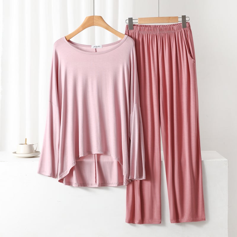 Modal Front Short Back Long Long Sleeve Trousers suit Womens Spring New Loose plus size Solid Color Home Two-piece Set Lotus Root Powder and Plum Powder 