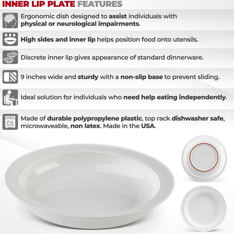 Providence Spillproof Lip Plates for Disabled Adults Inner Lip Dish for Adults - Lip Bowl - Adaptive Plate for Independence - Non Slip Plate for Disabled Adults - 9" White - 3 Pack - Image 2
