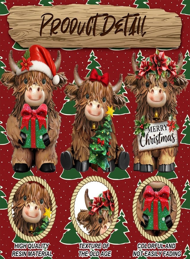 Burbell 3 Pcs Christmas Highland Cow Figurines Decor Cow Gnomes with Santa Hat Christmas Resin Statue Calf Lovers Gifts for Farmhouse Home Garden Bathroom Kitchen Office Tiered Tray Table Decor - Image 4