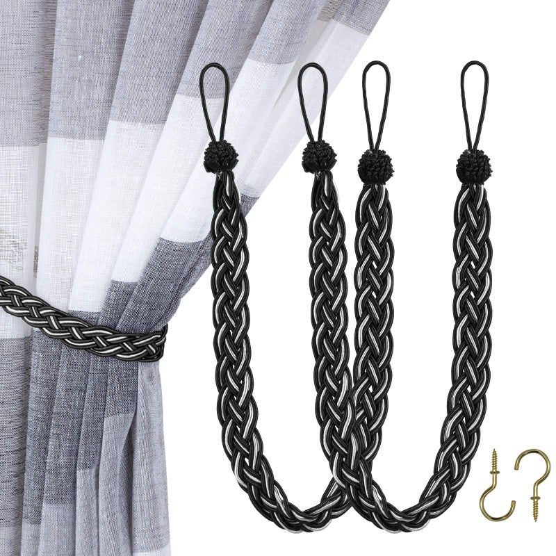 Home Queen Handwoven Rope Curtain Tiebacks for Drapes 2 Pack Rope Holdbacks with Hooks 23 Inch Long Polyester and Cotton Braided Tie Backs for Thick and Sheer CurtainsBlack