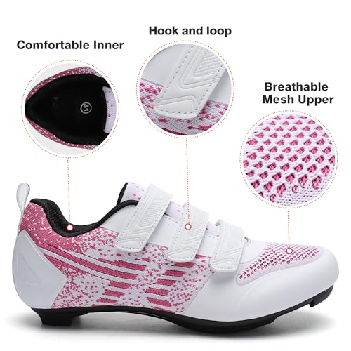 Kyedoo Unisex Road Bike Cycling Shoes Compatible with Peloton Shimano SPD Bike Riding Shoes for Men Women, 3 Straps, Pre-Installed Delta Cleats for Indoor Outdoor Cycling Biking Size 7 (White-Pink) - Image 5
