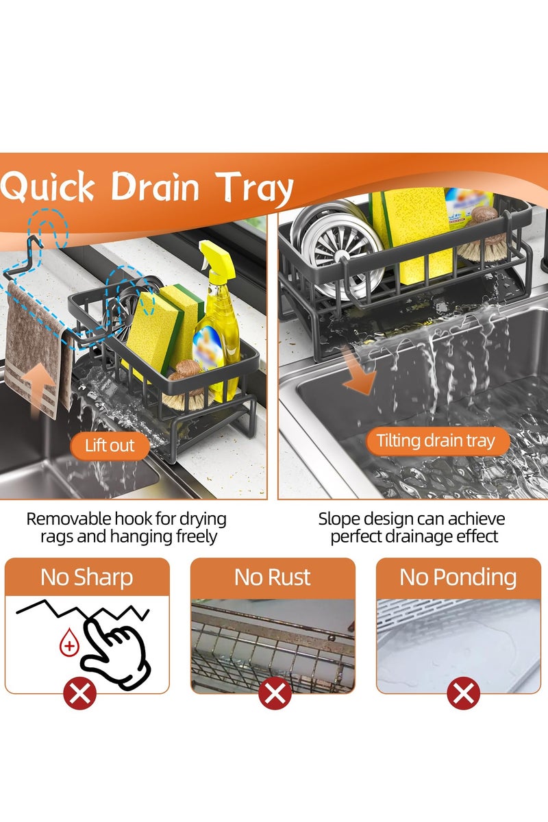 Chielor Kitchen Sink Caddy Organizer, Sponge Holder for Kitchen Sink Organizer, Rustproof 304 Stainless Steel Sponge Organizer with Auto Drain Tray, Dish Sponger Holder for Bathroom and Kitchen Supplies - Image 2