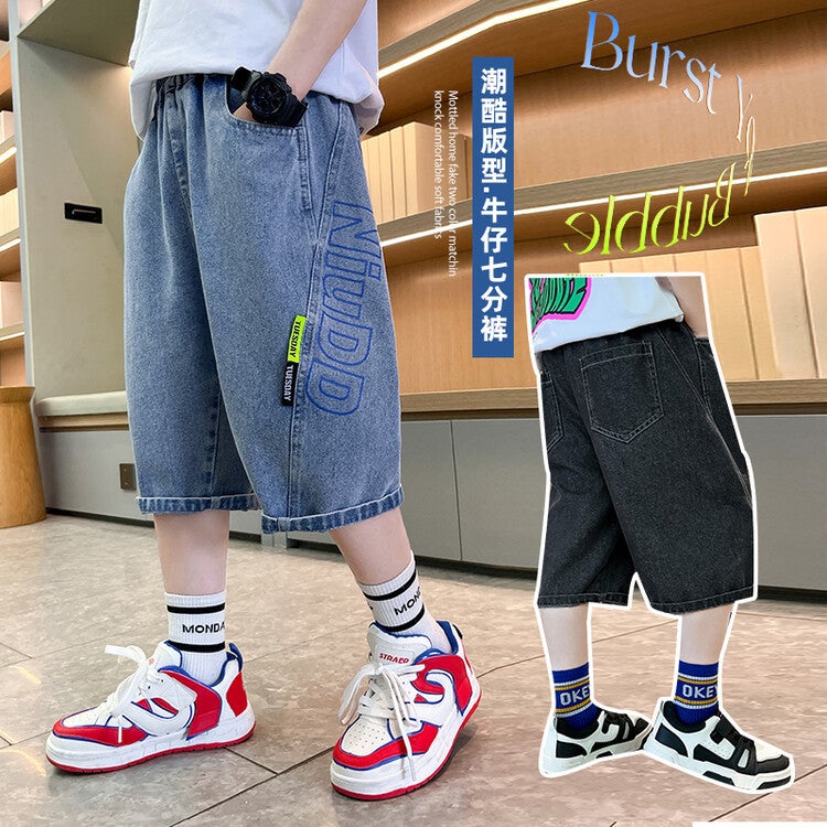 Boys Summer Denim Shorts Thin Section Kidsren'S Clothing Boys Big Kidsren Three-Quarter Pants Outer Wear Handsome And Trendy - Image 2