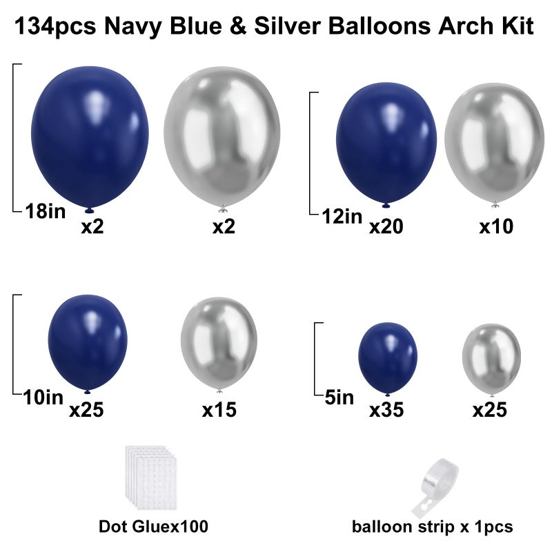 YMSZ Blue and Silver Balloons Arch Garland Kit, 134pcs Navy Blue and Silver Balloons with Different Size for Birthday Party Baby Shower Graduation Class of 2025 Prom Decorations - Image 2