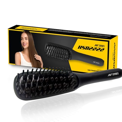 Ant Esports HSB2222 Hair Straightener Brush, Fast Heating Straightening Comb with Anti Scald & On-Off Safe, Portable Travel Flat Iron Brush, Frizz-Free Hair Care Silky Straight Heated - Black - Image 1