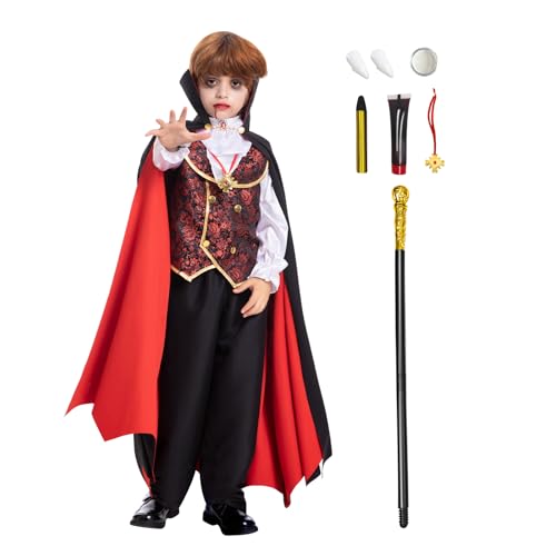 Fooecor Vampire Costume for Boys Scary Halloween Party Vampire Teeth Cosmetic Kit Included - Image 1