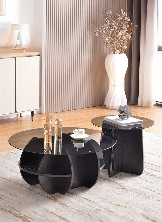 XiuWoo Modern Round Unique Accent Glass Top Coffee Table Set of 2 70+50cm Black with Storage Compartments Space-Saving Nesting End Tables for Small Spaces Living Room Bedroom, Sturdy Wood Frame Multi-Functional Furniture  - Image 1