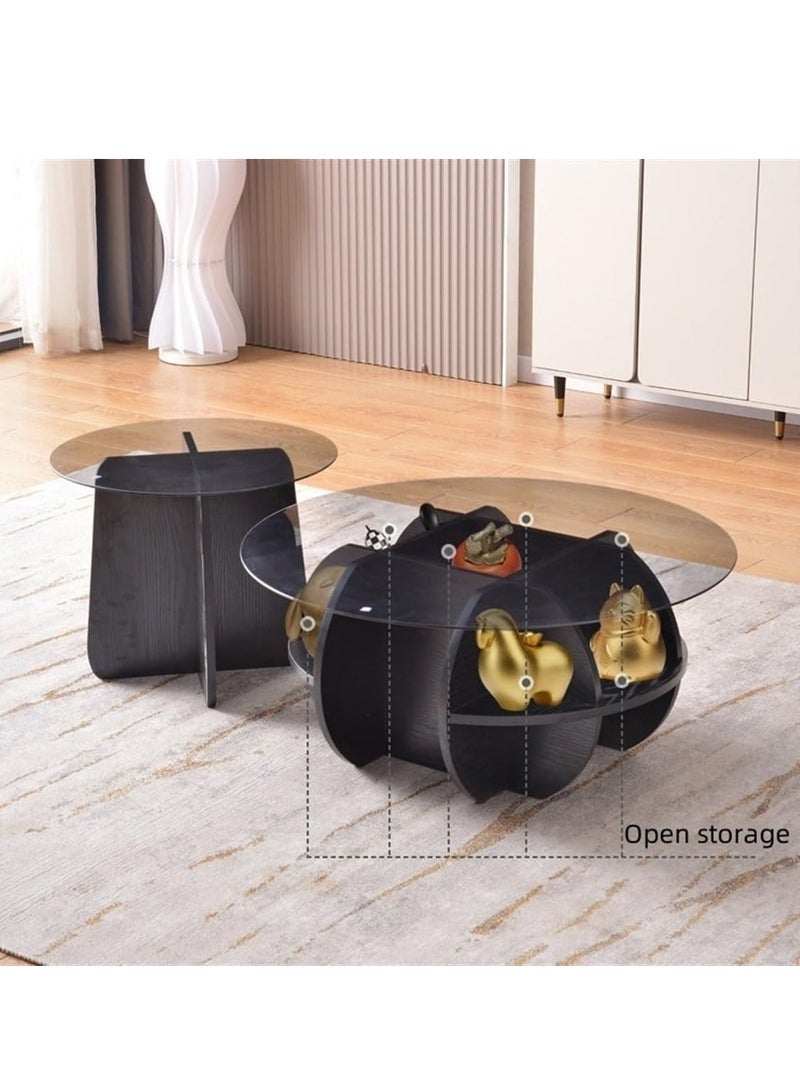 XiuWoo Modern Round Unique Accent Glass Top Coffee Table Set of 2 70+50cm Black with Storage Compartments Space-Saving Nesting End Tables for Small Spaces Living Room Bedroom, Sturdy Wood Frame Multi-Functional Furniture  - Image 4