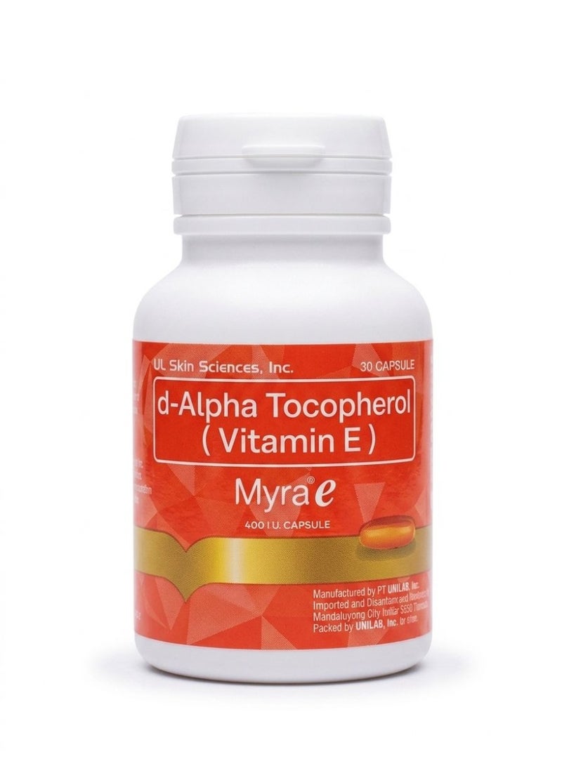Myra E Vitamin E 400 IU Capsules – Glowing Skin & Hair Health | d-Alpha Tocopherol | 30 Capsules