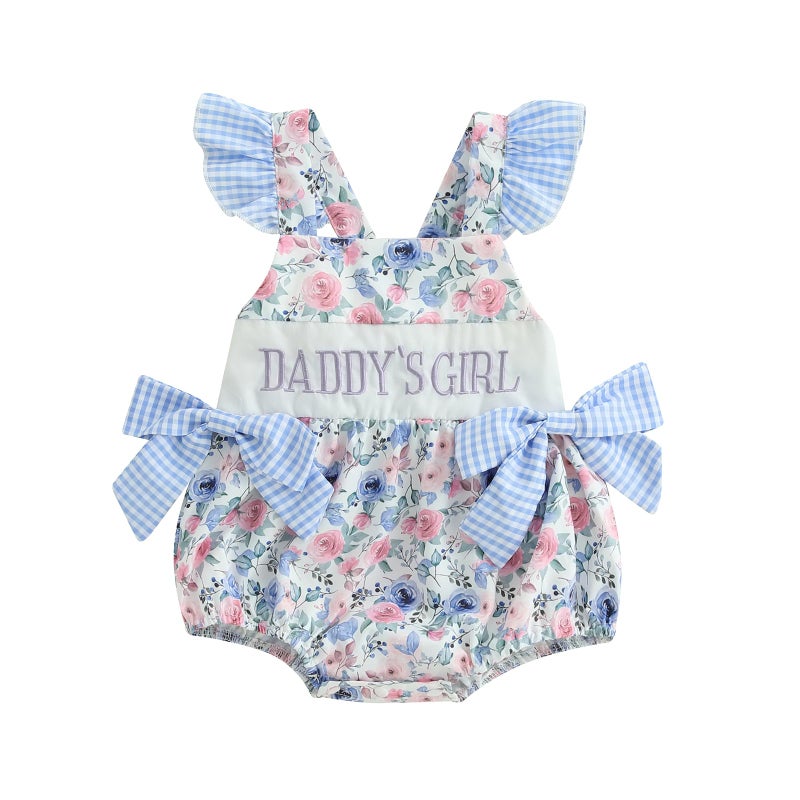 Bonangber First Fathers Day Baby Outfit Fly Sleeve Flower Print Bow Romper Infant Bodysuit Cute Newborn Daddys Girls Baby Clothes(A-Blue Daddys Girl,0-3 Months) - Image 1