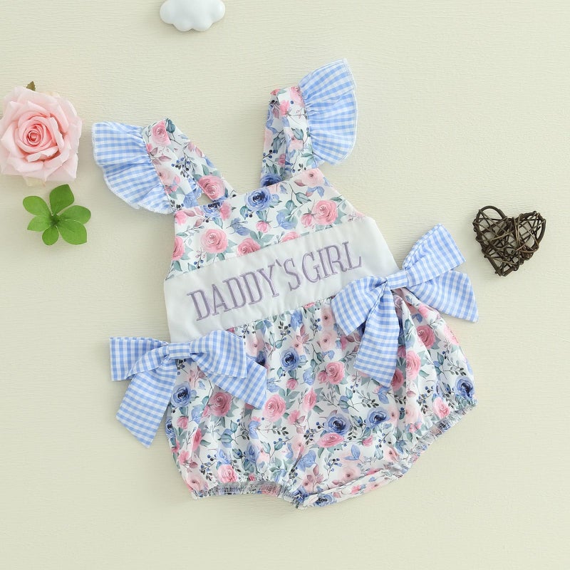 Bonangber First Fathers Day Baby Outfit Fly Sleeve Flower Print Bow Romper Infant Bodysuit Cute Newborn Daddys Girls Baby Clothes(A-Blue Daddys Girl,0-3 Months) - Image 5