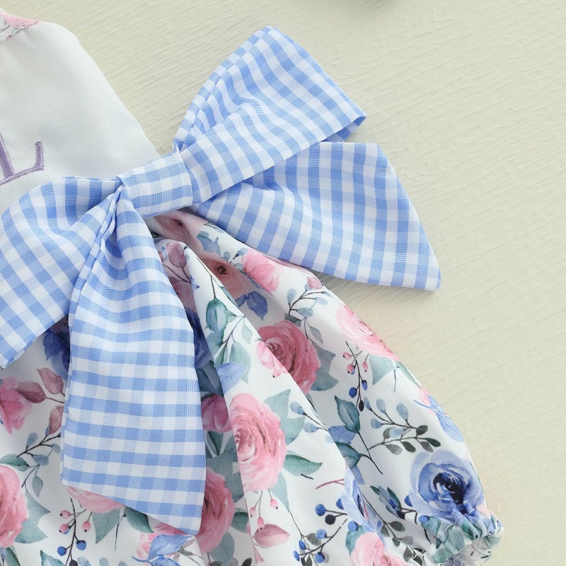 Bonangber First Fathers Day Baby Outfit Fly Sleeve Flower Print Bow Romper Infant Bodysuit Cute Newborn Daddys Girls Baby Clothes(A-Blue Daddys Girl,0-3 Months) - Image 3
