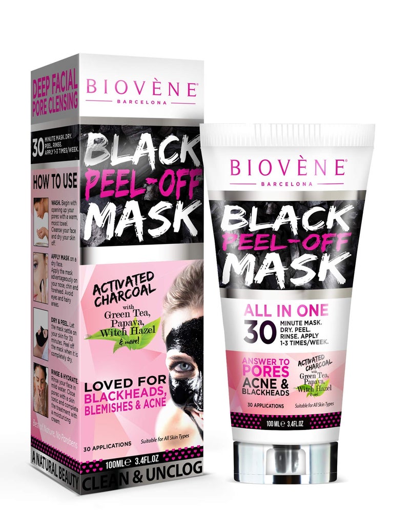 Biovene Biovne Black PeelOff Mask 34 oz Tube Black Face Mask to Combat Acne Blemishes and Blackheads with Activated Charcoal Aloe Vera and Green Tea Pack of 1