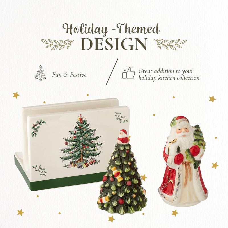 Spode Christmas Tree 3-Piece Hostess Set - Napkin Holder, Salt Shaker & Pepper Shaker (Santa & Tree Figural) - Festive Earthenware for Christmas, Holiday Entertaining - Decorative Gift Set - Image 3
