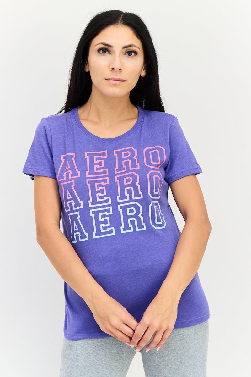 Aeropostale تي شيرت تدريب قصير الأكمام للنساء، بنفسجي - Image 1