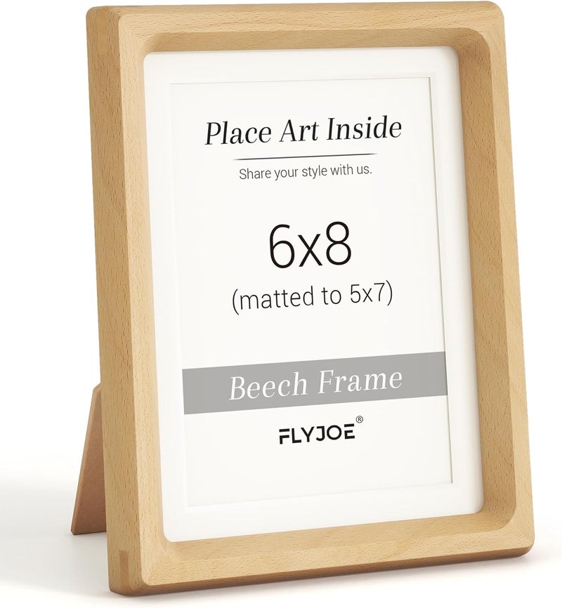 FLYJOE 6x8 Picture frame, USA-Sourced Natural Beech Wood Photo Frame with Tempered Glass, Handcrafted Rounded Corner 6 x 8 Wooden Frame Matted to 5x7 Photos, Wall or Tabletop Display - Image 1