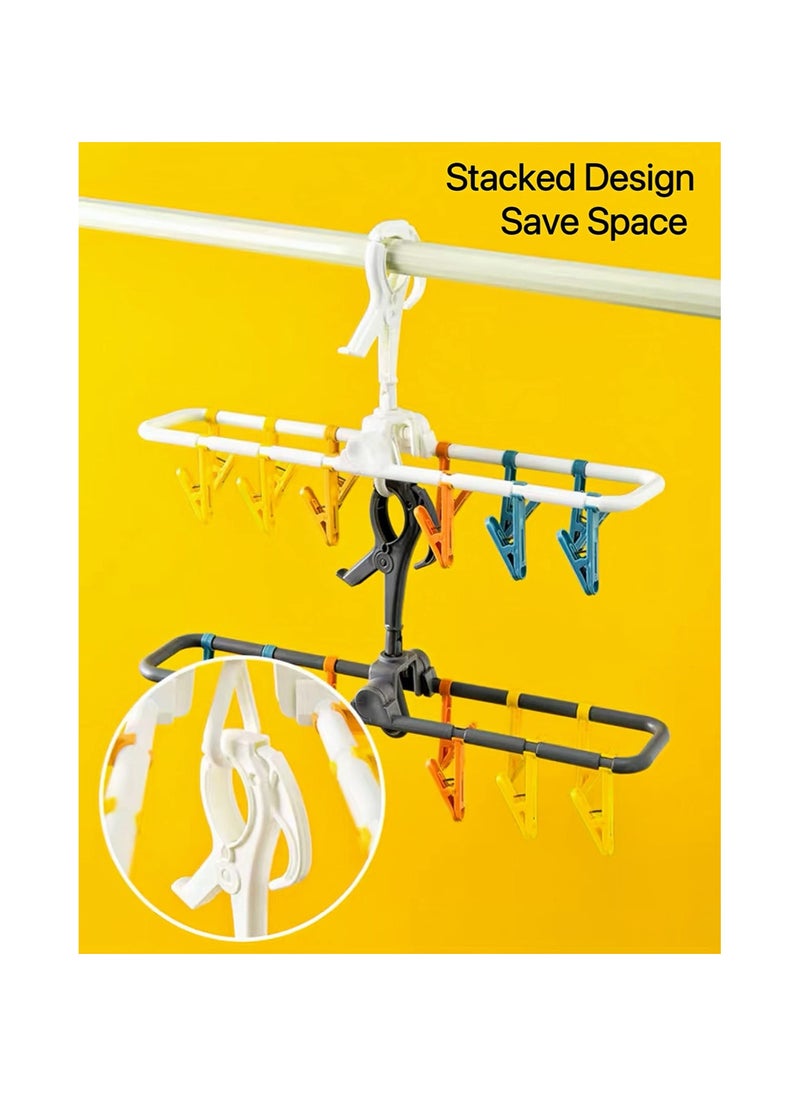 2 Pack Sock Drying Rack, with Clips,Drying Rack Clothing Foldable with 24 Sock Clips 360° Rotatable Hook for Drying Socks Towels Bras Gloves Baby Clothes Diaper Etc (17.7x3.7x8.6 inches) - Image 5