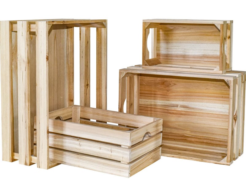 MACVAD Set of 4 Large Wooden Crates Unfinished Office Storage Crates Decorative Wood Storage Crates for Display Rustic Pine Wood Organizer Bin Basket for Kitchen Pantry Bathroom
