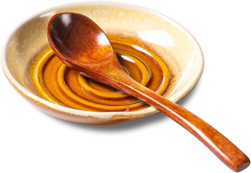Caigmo Spoon Rest for Stove Top, 5 Inches Ceramic Spoon Holder for Kitchen Countertop, Coffee Spoon Rest, Cooking Spatula Holder for Spoons, Ladles or Tongs, Gifts Brown-Yellow Gradient (Spoon not included) - Image 1