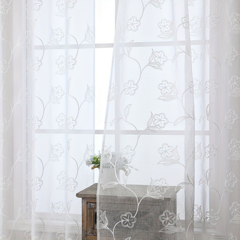 2 قطعة ستائر شفافة بيضاء مطرزة بنمط الزهور الصغيرة المحظوظة، مقاس 132x183 سم، على طراز بالي، عازلة للحرارة، مع حلقات معدنية علوية، مناسبة لغرفة النوم وغرفة المعيشة والشبابيك - Image 5