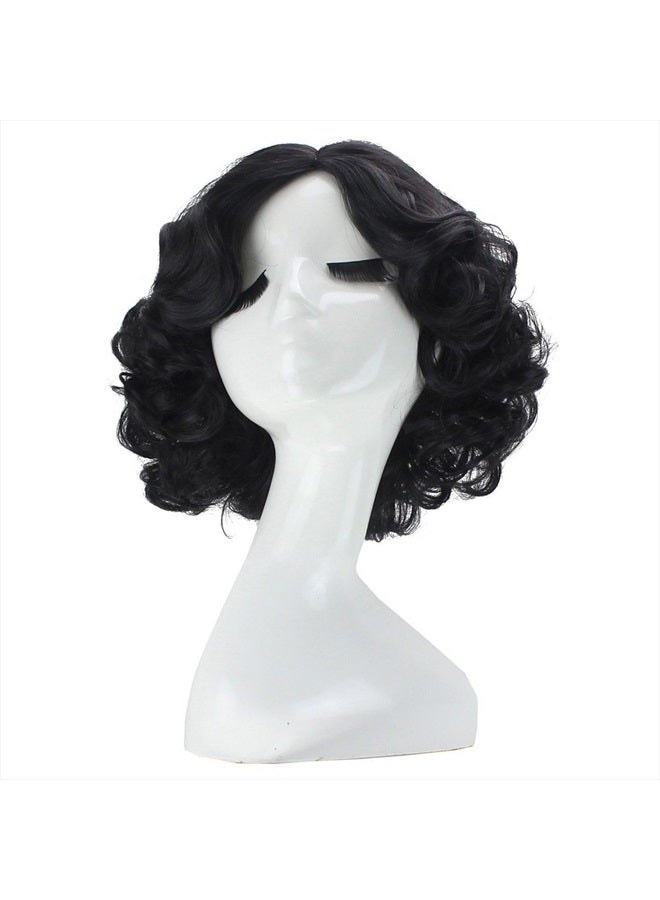 ANOGOL Hair Cap+Short Black Curly Wigs with Middle Part for Women Synthetic Wig Cosplay Wig for Halloween Party Christmas Costume Wig - Image 1