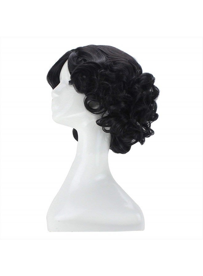 ANOGOL Hair Cap+Short Black Curly Wigs with Middle Part for Women Synthetic Wig Cosplay Wig for Halloween Party Christmas Costume Wig - Image 4