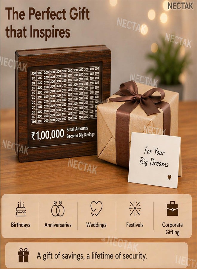 NECTAK Wooden ₹1,00,000 Saving Challenge Money Bank | Cash Savings Goal Tracker Board | 1 Lakh Budget Planner Box for Kids & Adults | Decorative Home Saving Organizer - Image 2