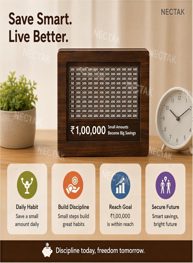NECTAK Wooden ₹1,00,000 Saving Challenge Money Bank | Cash Savings Goal Tracker Board | 1 Lakh Budget Planner Box for Kids & Adults | Decorative Home Saving Organizer - Image 3