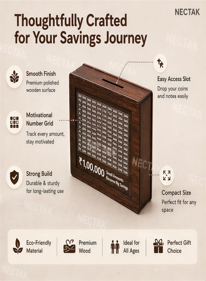 NECTAK Wooden ₹1,00,000 Saving Challenge Money Bank | Cash Savings Goal Tracker Board | 1 Lakh Budget Planner Box for Kids & Adults | Decorative Home Saving Organizer - Image 4