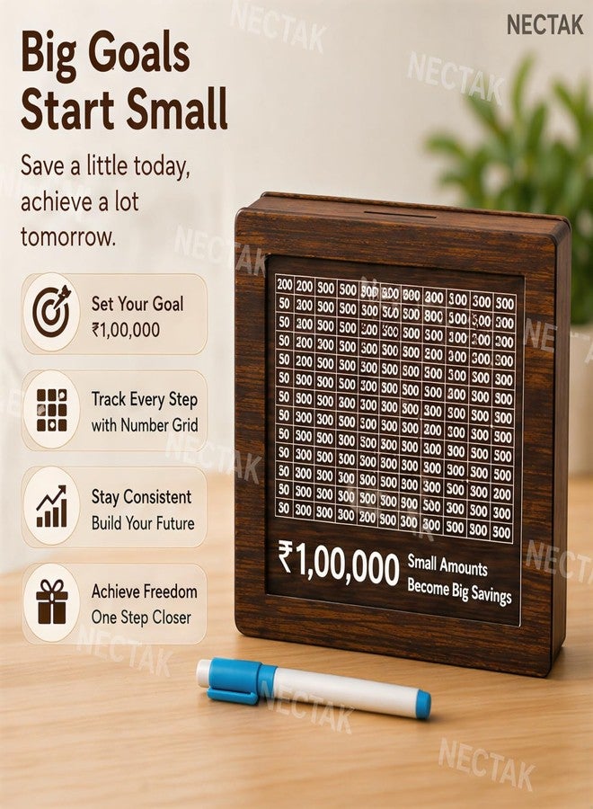 NECTAK Wooden ₹1,00,000 Saving Challenge Money Bank | Cash Savings Goal Tracker Board | 1 Lakh Budget Planner Box for Kids & Adults | Decorative Home Saving Organizer - Image 5