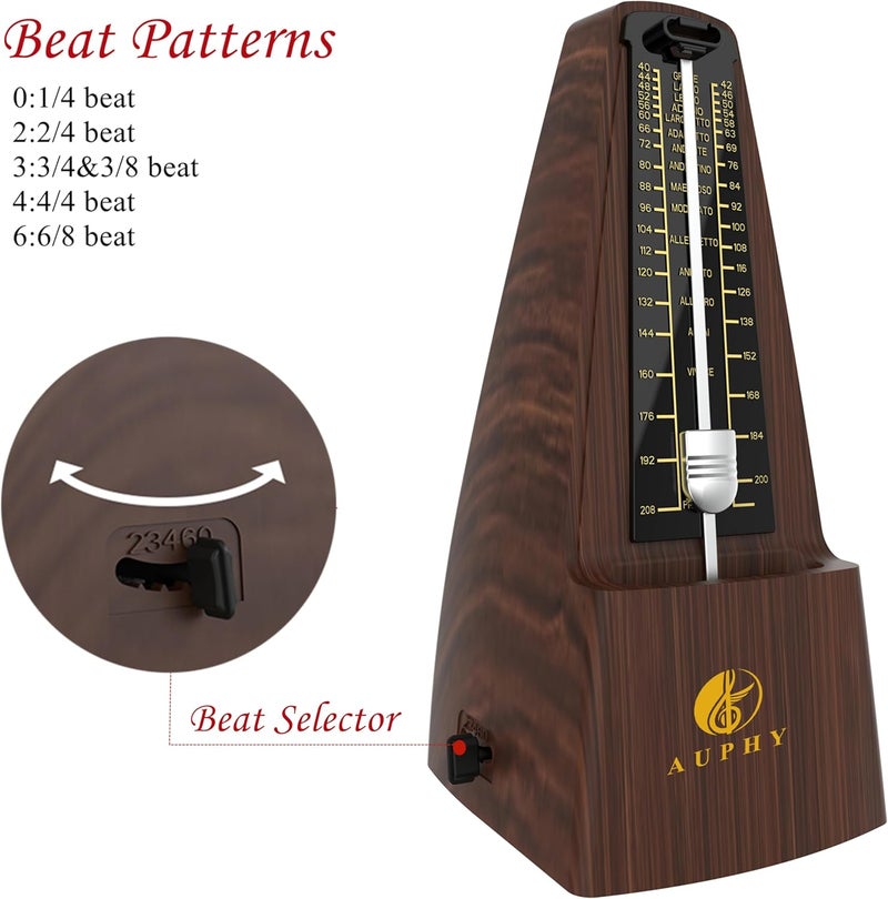 AUPHY Store Mechanical Metronome with Accent Bell, Classic Shape, Accurate Beat, Multiple Beat Modes, Suitable for Piano Guitar Drums Violin Saxophone etc（Wood Grain） - Image 5