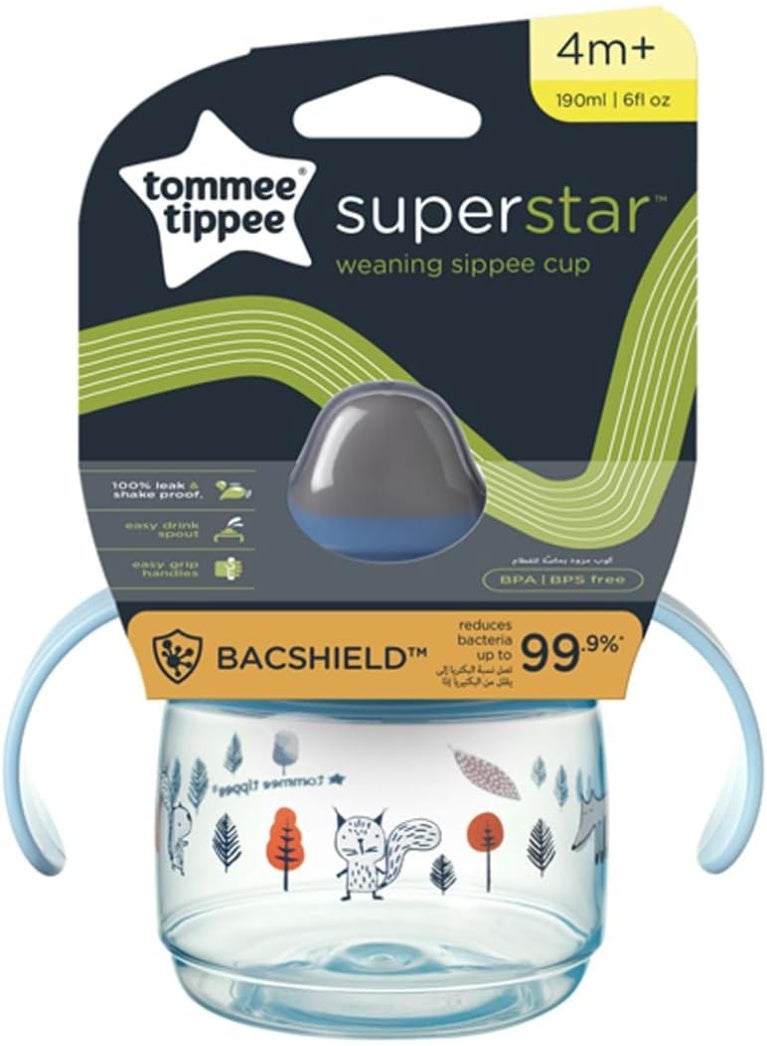 tommee tippee Superstar Sippee Weaning Cup Shake Proof & Bacshield Easy Grip Handles 4M+ 190 ML - Image 1