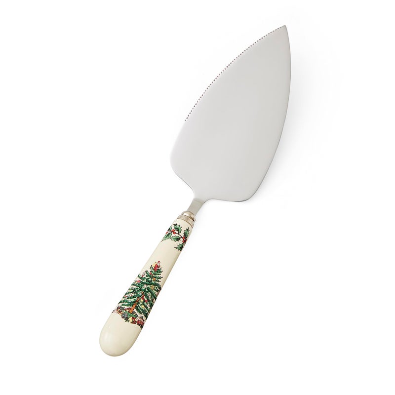 Portmeirion Christmas Tree Cake Server 10Inch Stainless Steel Cake Knife with Fine Porcelain Handle Holiday Dessert Flatware Festive Christmas Utensil Elegant Holiday Table Setting Addition