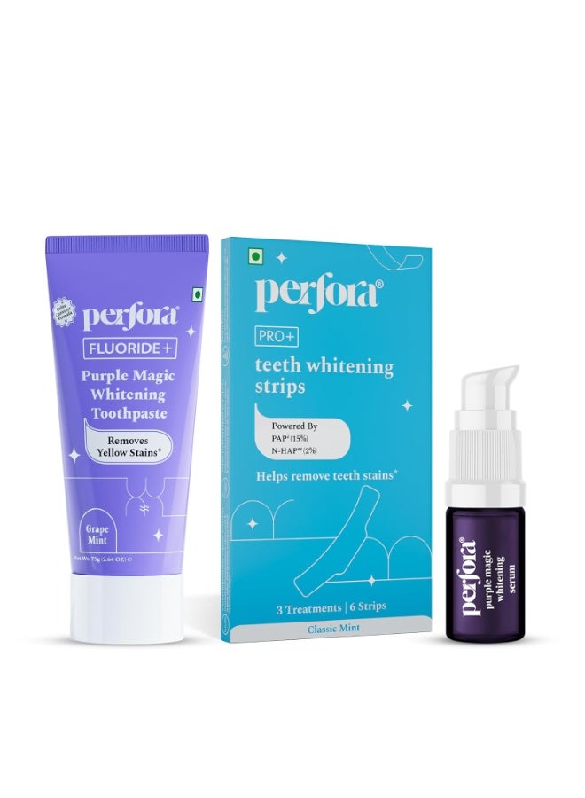 Perfora Teeth Whitening Combo - Whitens Teeth in 1 Use | Enamel-Safe & Sensitivity-Free Oral Care Formula For Tooth Stain Removal | Purple Toothpaste- 75gm, Teeth Whitening Strips-Pack of 3 & Purple Serum - 10ml - Image 1
