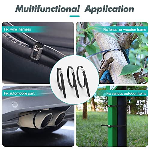 JOUGU Metal Zip Ties Black 8 inch 304 Stainless Steel Epoxy Coated Locking Cable 220LB 200mm 100pcs Heavy Duty Exhaust Wrap Multi Purpose Binding for machinery, vehicles, farms, cables, pipes,Fence - Image 2