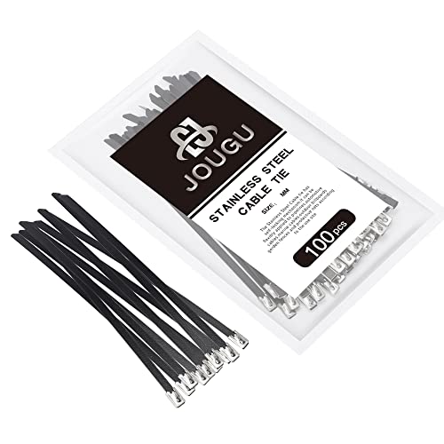 JOUGU Metal Zip Ties Black 8 inch 304 Stainless Steel Epoxy Coated Locking Cable 220LB 200mm 100pcs Heavy Duty Exhaust Wrap Multi Purpose Binding for machinery, vehicles, farms, cables, pipes,Fence - Image 1