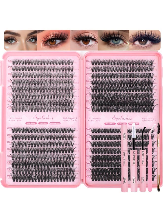 CMAYOME Lash Clusters Kit, 640 Pcs Eyelashes Clusters Extensions Kit 9-16mm Individual Lashes D Curl Fluffy Wispy False Eyelashes Thin Band with Bond Seal Tweezers Brush DIY (30D+40D+50D+60D Kit 9-16mm) - Image 1