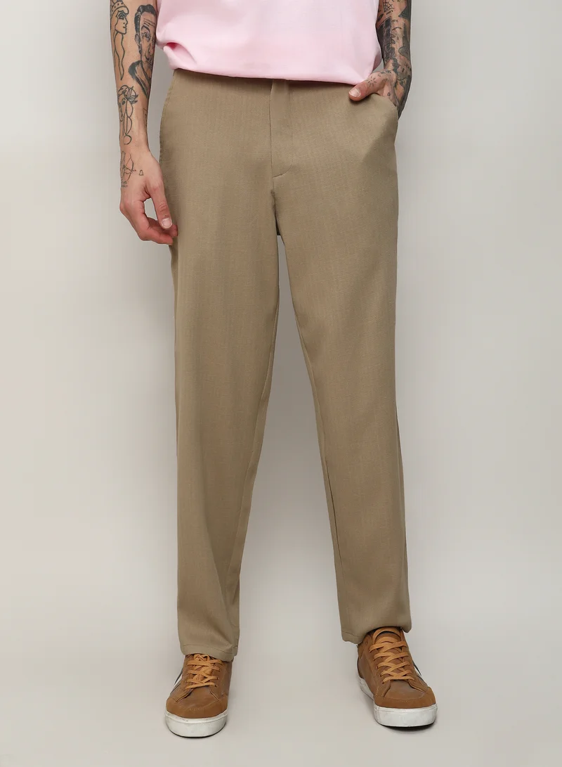 Campus Sutra Men's Beige Solid Tailored Trousers For Casual Wear | 4 Pockets | Regular Fit | Drawstring Closure | Trousers Crafted With Comfort Fit For Everyday Wear
