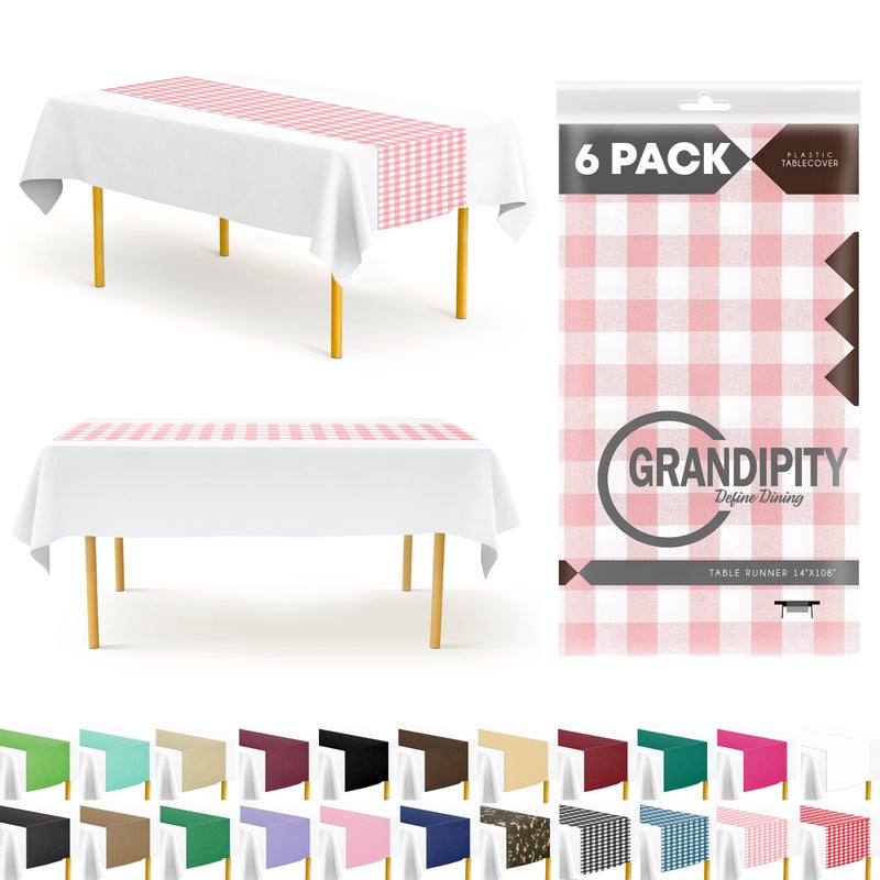 Grandipity Pink Checkered Gingham 6 Pack Premium Disposable Plastic Table Runner 14 x 108 Inch. Table Runner for Dinner Parties & Events by Grandipity - Image 1