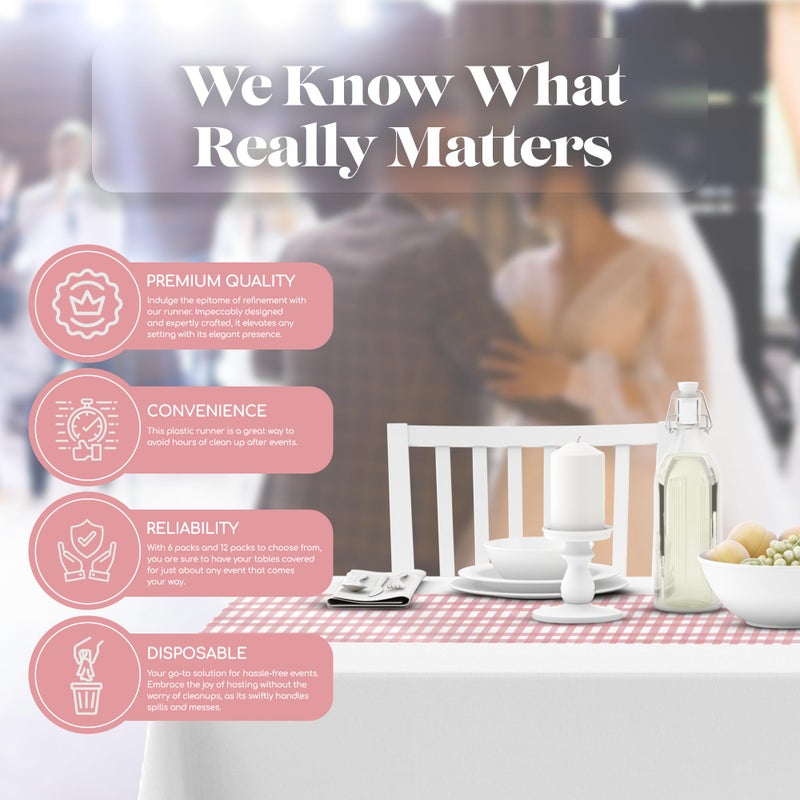 Grandipity Pink Checkered Gingham 6 Pack Premium Disposable Plastic Table Runner 14 x 108 Inch. Table Runner for Dinner Parties & Events by Grandipity - Image 4
