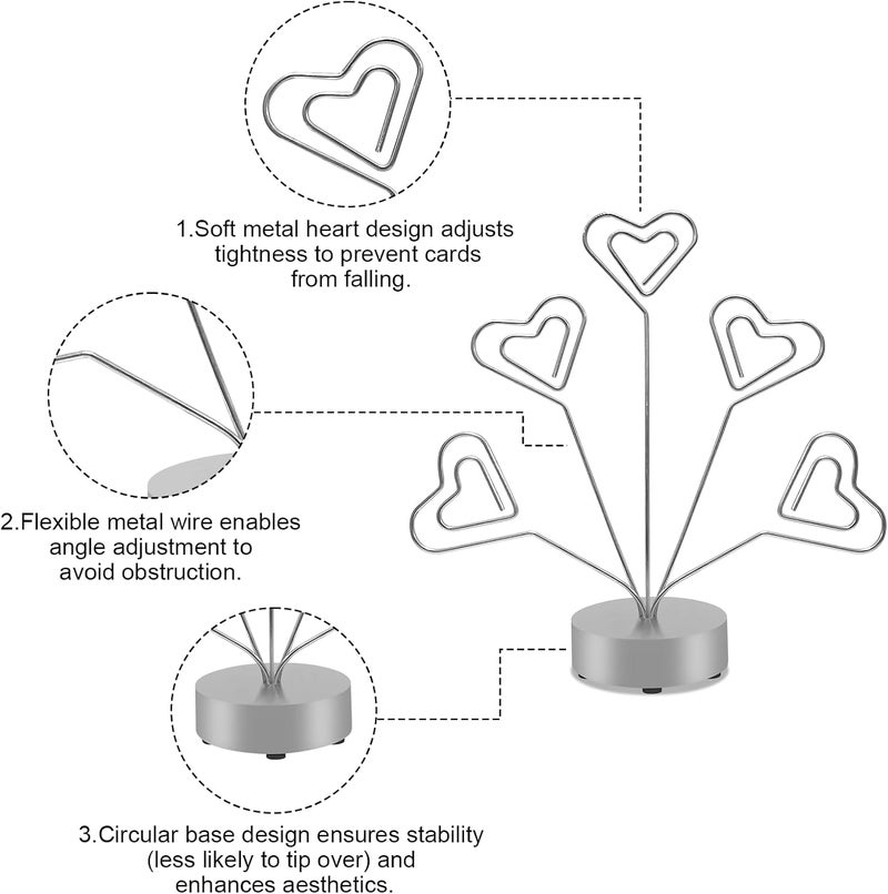 FaitAtten Desktop Heart-Shaped Photo Tree Style Holders Round Base,5-Branch Family Picture Frame Clips Holder Desk Card Display Stand for Christmas,Wedding, Birthday Party,Gift Silver - Image 4