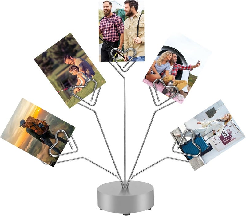 FaitAtten Desktop Heart-Shaped Photo Tree Style Holders Round Base,5-Branch Family Picture Frame Clips Holder Desk Card Display Stand for Christmas,Wedding, Birthday Party,Gift Silver - Image 1