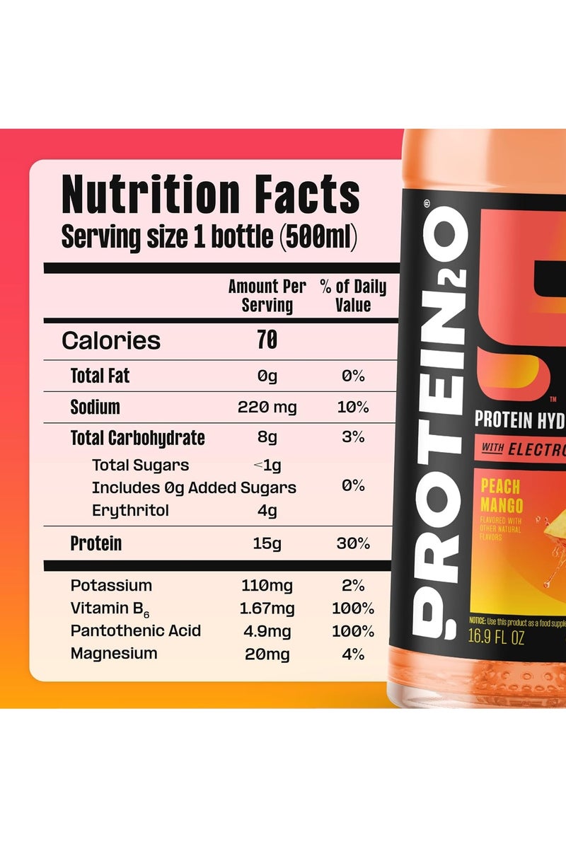 بروتين 20 ماء مملوء بالبروتين بالإضافة إلى الطاقة مع الخوخ والمانجو 500 مل، عبوة من 12 قطعة - Image 3