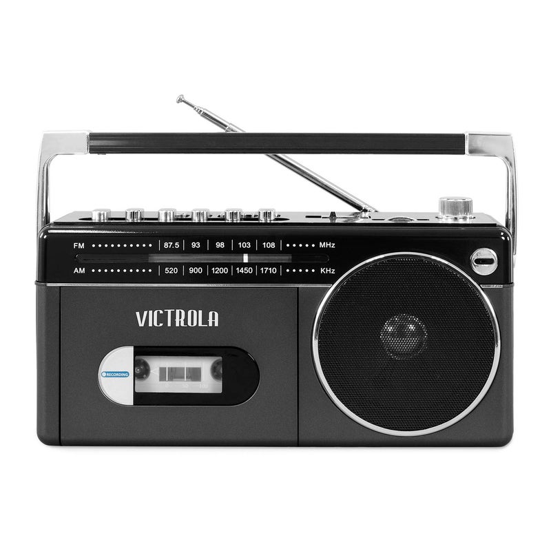 Victrola Mini Bluetooth Boombox with Cassette Player, Recorder and Am/FM Radio, Grey - Image 2