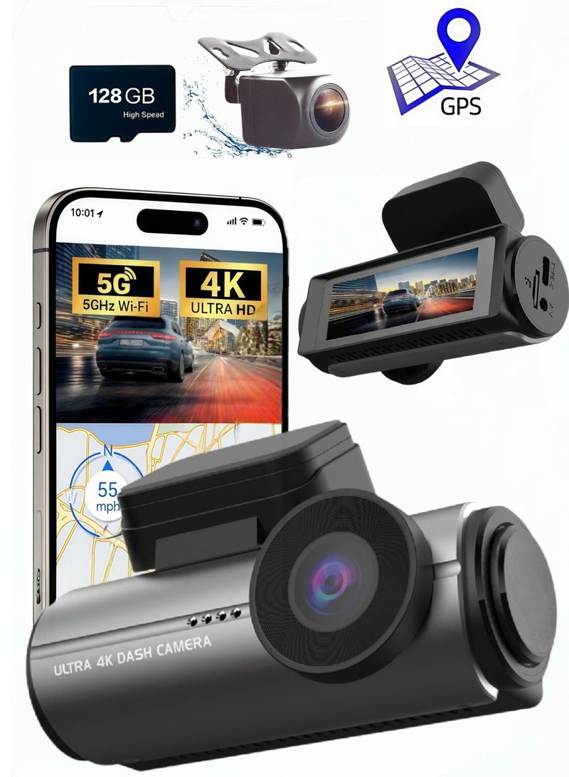 Generic Dash Cam Front Rear 4K Built-in 5G WiFi GPS, 3 inch IPS Screen, Dual Dash Camera for Car Includes 128GB SD Card, Super Night Vision, 24H Parking Monitor, Supercapacitor, Type C, HDR  - Image 1