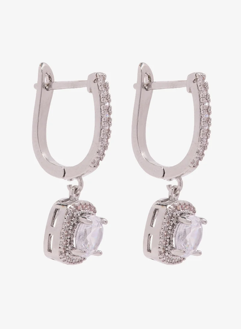 ELLA Diamonte Embellished Rhinestone Detail Small Drop Down Stud Earrings Silver