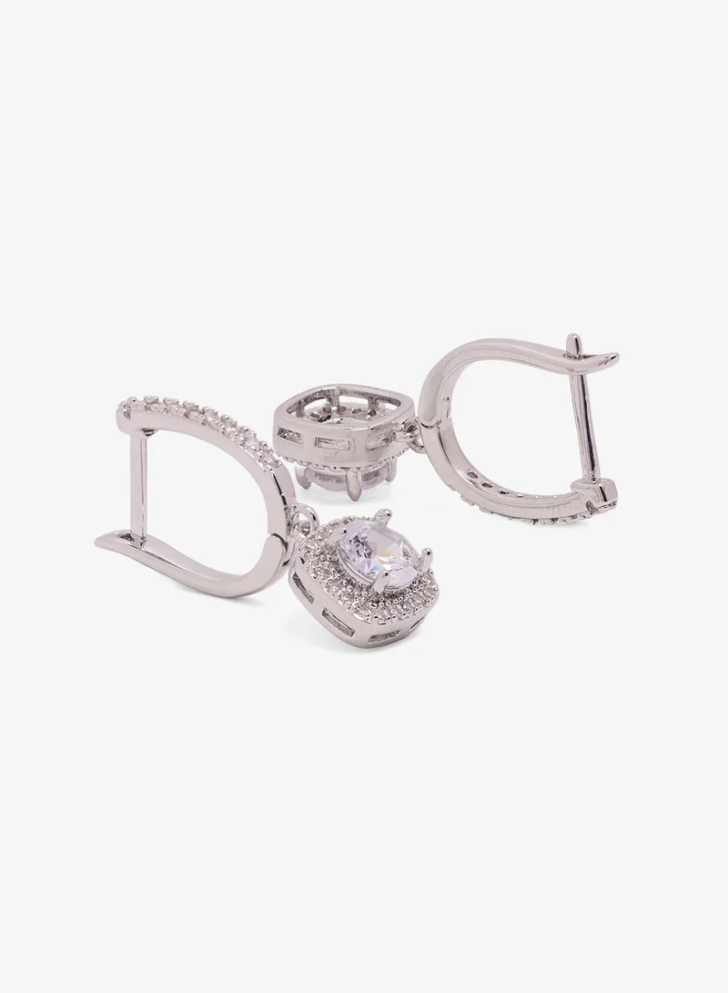 ELLA Diamonte Embellished Rhinestone Detail Small Drop Down Stud Earrings Silver