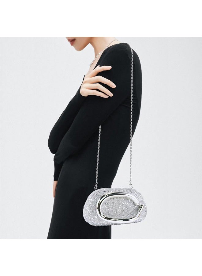 NEWROGENG Clutch Purses for Women Formal, PU Leather/Marble Acrylic Evening Bags with Chain, Trendy Metal Handle Purses 2025, Rhinestone Silver, 7.5 x 3 x 4.3 inches - Image 5