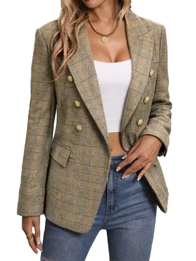 Mina Self Fall Plaid Blazers Jackets for Women 2026 Tan Brown Camel Houndstooth Checkered Long Fall Fashion Tops Fall Clothes Outfits Work Office Professional Ladies Tops and Blouses Blazer Jacket Suit - Image 1